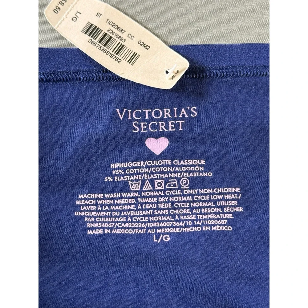 Victoria's Secret VTG 2014 Stretch Hiphugger Cotton Panty Navy Blue Pink Heart L